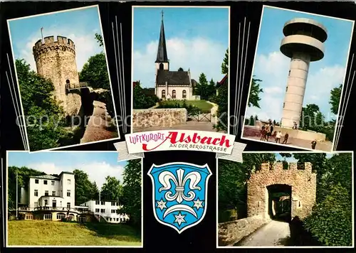 AK / Ansichtskarte Alsbach_Bergstrasse Schloss Turm Kirche Aussichtsturm Berggaststaette Wappen Alsbach_Bergstrasse