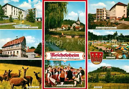 AK / Ansichtskarte Reichelsheim_Odenwald Sanatorium Goettmann Rathaus Rehgehege Trachtengruppe Freibad Schloss Reichelsheim Odenwald