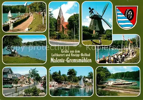 Malente Gremsmuehlen Promenade Kirche Windmuehle Strand Bootsanlegestelle Malente Gremsmuehlen
