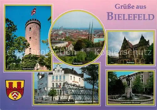 Bielefeld Sparrenburg Teilansicht Rathaus Hauptbahnhof Leineweber Brunnen Bielefeld