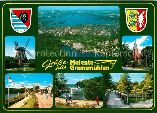 Malente Gremsmuehlen Fliegeraufnahme Muehle Kirche Strand Schiffsanleger Malente Gremsmuehlen