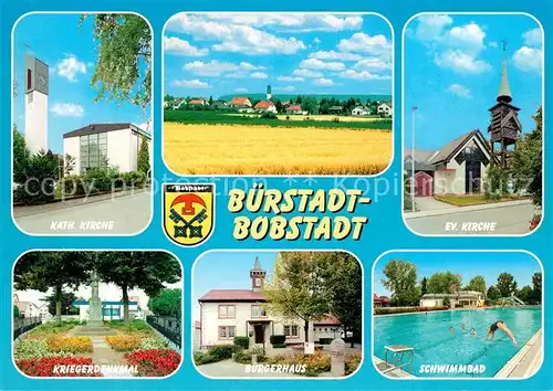 Bobstadt_Buerstadt Kath Kirche Panorama Ev Kirche Kriegerdenkmal Buergerhaus Schwimmbad Bobstadt_Buerstadt