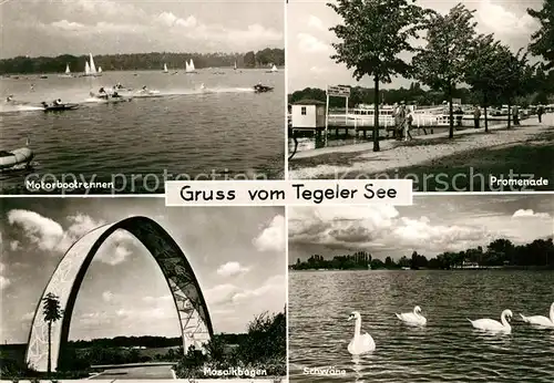 Berlin Tegeler See Motorbootrennen Promenade Mosaikbogen Schwaene Berlin