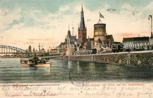 Duesseldorf Rheinanlage Blick auf die Ausstellung Dampfer Rheinbruecke Duesseldorf