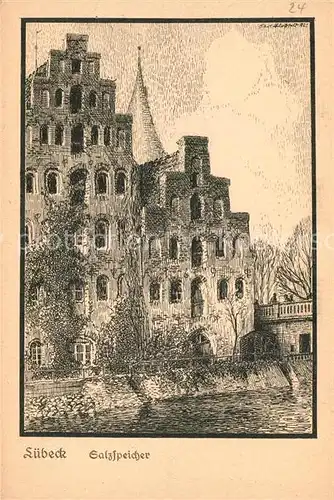 Luebeck Salzspeicher Giebelhaus Federzeichnung Karl Blossfeld Kuenstlerkarte Luebeck