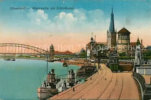 Duesseldorf Rheinpartie Bootsanleger Dampfer Rheinbruecke Schlossturm  Duesseldorf