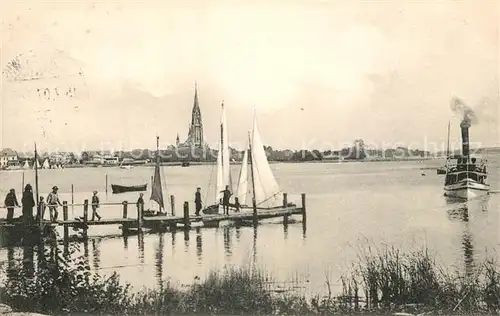 Schleswig_Holstein Partie an der Schlei Bootssteg Segelboote Dampfer Dom Schleswig_Holstein