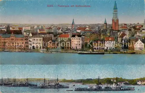 Kiel Panorama mit Rathausturm Kriegsschiffe Kiel