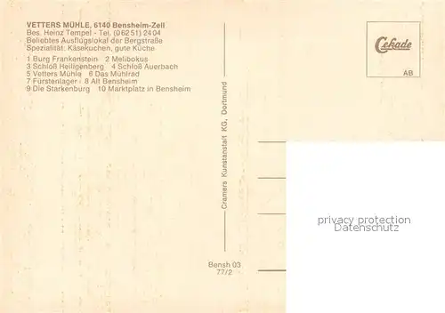 AK / Ansichtskarte Zell_Bensheim Vetters Muehle Burg Frankenstein Schloss Heiligenberg Marktplatz Zell Bensheim