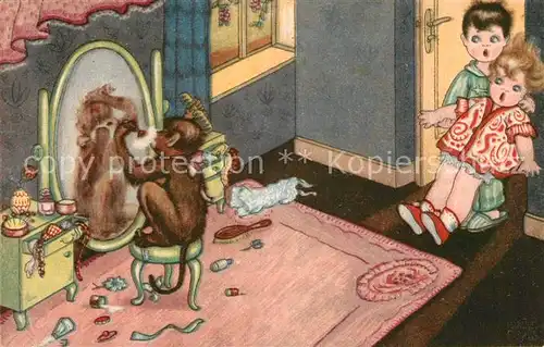 AK / Ansichtskarte Affen Kamm Buerste Spiegel Schminkpinsel Kinder  Affen