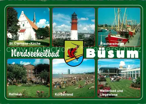 AK / Ansichtskarte Buesum_Nordseebad Leuchtturm St. Clemens Kirche Rathaus Buesum_Nordseebad