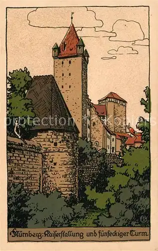 AK / Ansichtskarte Kuenstlerkarte Steinzeichnung Nuernberg Kaiserstallung Fuenfeckiger Turm  Kuenstlerkarte