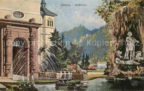 AK / Ansichtskarte Hellbrunn Schloss Teich Statue Kuenstlerkarte Hellbrunn