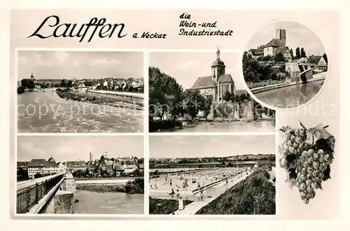 AK / Ansichtskarte Lauffen_Neckar Stadtpanorama Blick ueber den Neckar Kirche Bruecke Freibad Weintrauben Lauffen Neckar