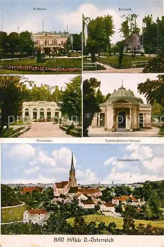 AK / Ansichtskarte Bad_Hall_Oberoesterreich Kurhaus Kurpark Trinkhalle Tasilo Quellentempel Gesamtansicht mit Kirche Bad_Hall_Oberoesterreich