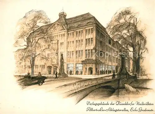 AK / Ansichtskarte Duesseldorf Verlagsgebaeude der Duesseldorfer Nachrichten Albert Leo Schlageterallee Ecke Grabenstrasse Kuenstlerkarte Duesseldorf