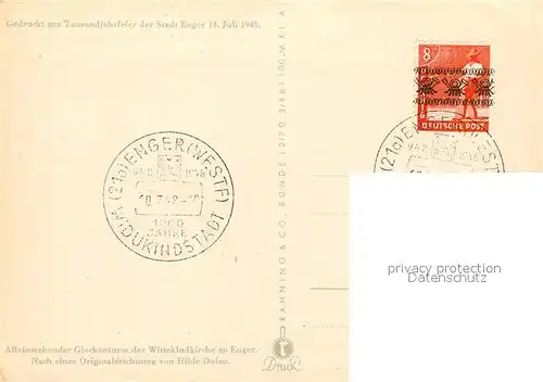 AK / Ansichtskarte Enger Glockentrum Wittekindkirche nach Originalzeichnung von Hilde Dolan Kuenstlerkarte 1000 Jahrfeier Enger