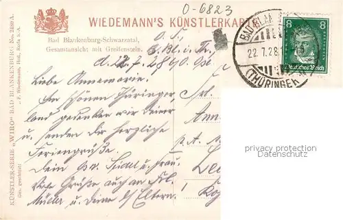 AK / Ansichtskarte Verlag_Wiedemann_WIRO_Nr. 2480 A Bad Blankenburg Schwarzatal Greifenstein  Verlag_Wiedemann_WIRO_Nr.