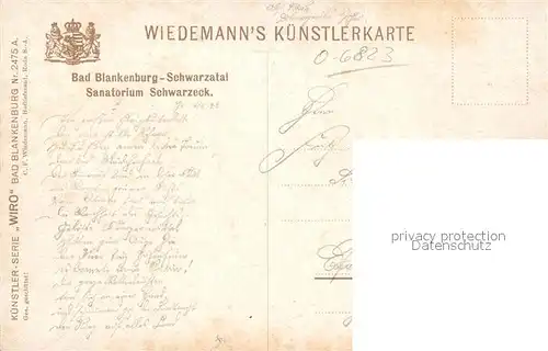 AK / Ansichtskarte Verlag_Wiedemann_WIRO_Nr. 2475 A Bad Blankenburg Schwarzatal Sanatorium Schwarzeck  Verlag_Wiedemann_WIRO_Nr.