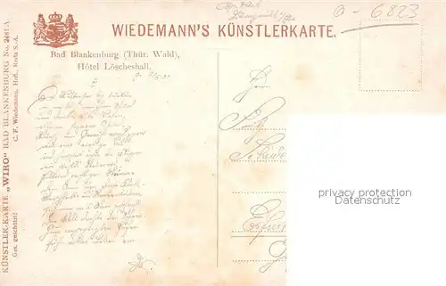 AK / Ansichtskarte Verlag_WIRO_Wiedemann_Nr. 2481 A Bad Blankenburg Hotel Loescheshall  Verlag_WIRO_Wiedemann_Nr.