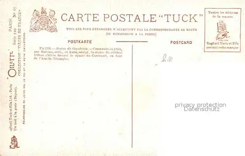 AK / Ansichtskarte Verlag_Tucks_Oilette_Nr. 67 Paris Statue de Gambetta et Le Louvre  Verlag_Tucks_Oilette_Nr.