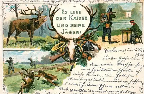 AK / Ansichtskarte Militaria_Jaeger Hirsch Kaninchen Litho  Militaria Jaeger