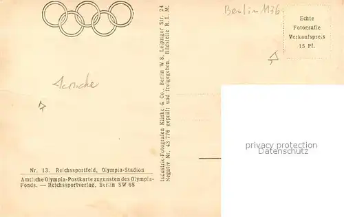 AK / Ansichtskarte Berlin Olympia Stadion Amtliche Olympia Postkarte Olympiafonds Nr 13 Reichssportfeld Fliegeraufnahme Berlin