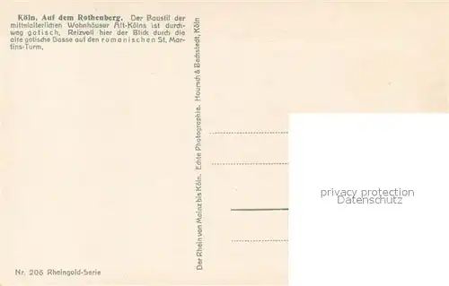 AK / Ansichtskarte Koeln_Rhein Auf dem Rothenberg Mittelalterliche Wohnhaeuser Altstadt St Martinskirche Nr. 206 Rheingold Serie Koeln_Rhein