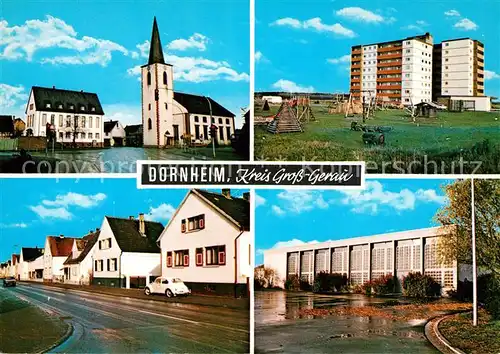 AK / Ansichtskarte Dornheim_Hessen Kirche Hochhaeuser Strasse Dornheim Hessen