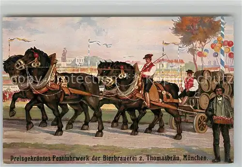 AK / Ansichtskarte Pferde Preisgekroentes Festfuhrwerk Bierbrauerei Thomasbraeu Muenchen  Pferde