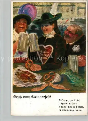 AK / Ansichtskarte Oktoberfest Frau Maenner Bier Lebkuchenherz Brezel Kuenstlerkarte Oktoberfest