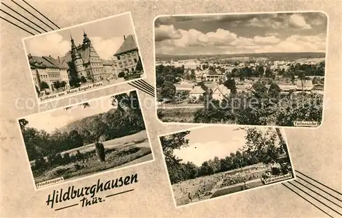 AK / Ansichtskarte Hildburghausen Rathaus Marx Engels Platz Friedenspark Schwimmbad Freibad Panorama Hildburghausen