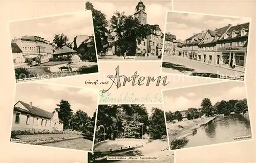 AK / Ansichtskarte Artern_Unstrut Geschwister Scholl Platz Rathaus Karl Marx Strasse Solbad Freilichtbuehne Schwimmbad Freibad Artern_Unstrut