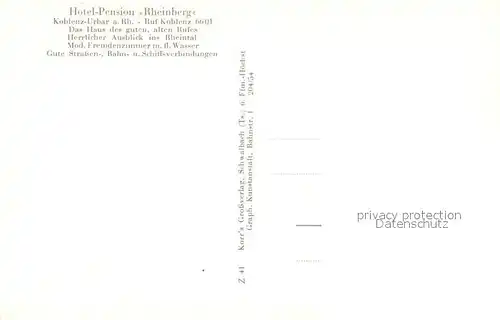 AK / Ansichtskarte Urbar_Koblenz Hotel Pension Rheinberg Urbar_Koblenz