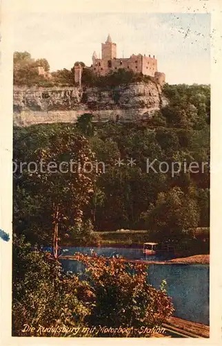 AK / Ansichtskarte Naumburg_Saale Rudelsburg mit Motorboot Station Naumburg_Saale