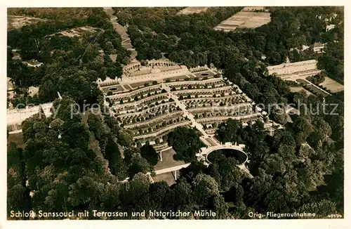 AK / Ansichtskarte Potsdam Schloss Sanssouci mit Terrassen und historischer Muehle Original Fliegeraufnahme Potsdam