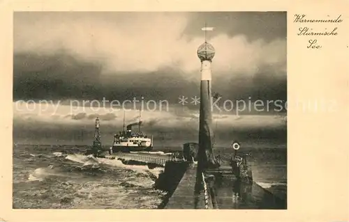 AK / Ansichtskarte Warnemuende_Ostseebad Stuermische See Mole Dampfer Warnemuende_Ostseebad