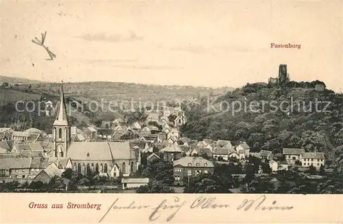 AK / Ansichtskarte Stromberg_Hunsrueck Ortsansicht mit Kirche Blick zur Fustenburg Stromberg Hunsrueck