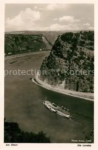 AK / Ansichtskarte Loreley_Lorelei Blick ueber den Rhein mit Dampfer Vaterland Felsen Loreley_Lorelei