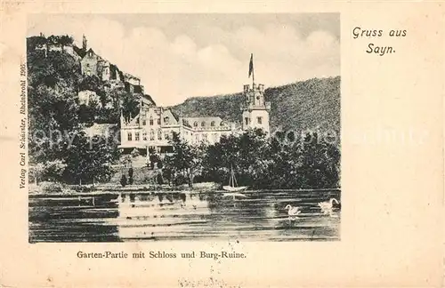 AK / Ansichtskarte Sayn_Bendorf Gartenpartie mit Schloss und Burgruine Sayn Bendorf