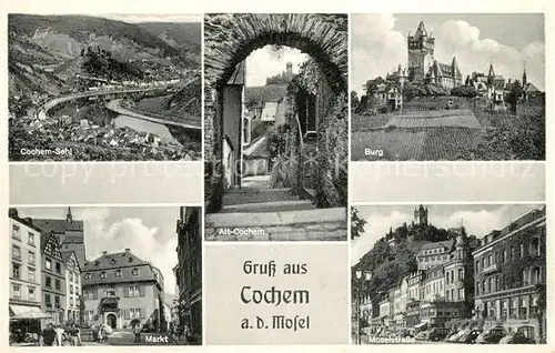 AK / Ansichtskarte Cochem_Mosel Panorama mit Sehl Alt Cochem Burg Moselstrasse Markt Cochem Mosel
