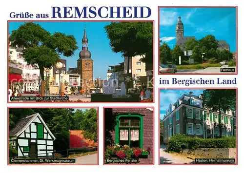 AK / Ansichtskarte Remscheid Alleestrasse mit Stadtkirchen Clemenshammer Werkzeugmuseum Bergisches Fenster Hasten Heimatmuseum Remscheid