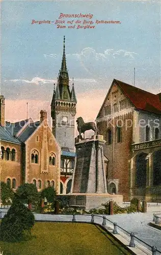Braunschweig Burgplatz Burg Rathausturm Dom und Burgloewe Braunschweig