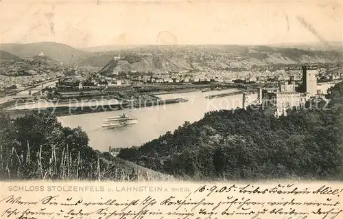 Lahnstein Panorama Blick ueber den Rhein mit Schloss Stolzenfels Lahnstein