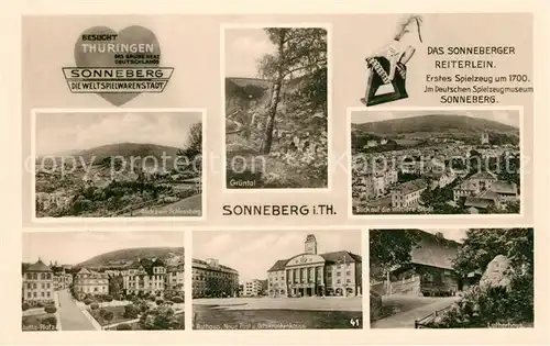 Sonneberg_Thueringen Sonneberger Reiterlein Spielzeug um 1700 Deutsches Spielzeugmuseum Landschaftspanorama Juttaplatz Rathaus Post Ortskrankenkasse Lutherhaus Gedenkstein Sonneberg Thueringen