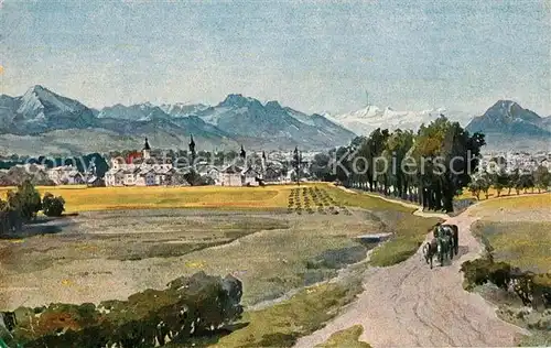 Rosenheim_Bayern Blick ueber die Felder Gesamtansicht mit Alpenpanorama Kuenstlerkarte Rosenheim Bayern