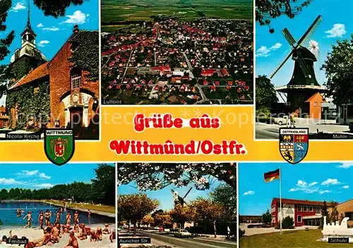 AK / Ansichtskarte Wittmund Fliegeraufnahme Muehle Freibad Auricherstrasse Schule Wittmund