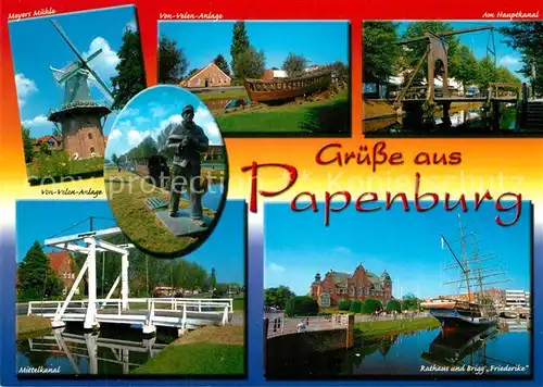 AK / Ansichtskarte Papenburg_Ems Meyers Muehe Hauptkanal Holzbruecke Hafen Mittelkanal Papenburg Ems