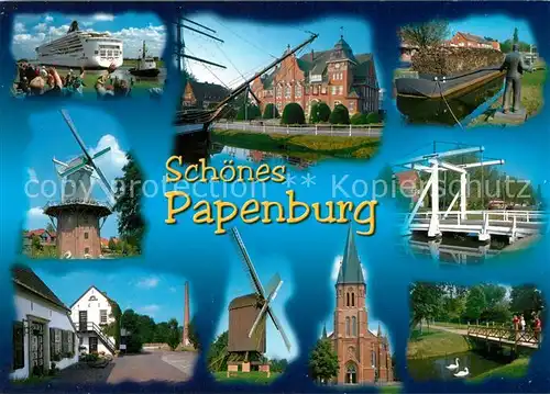 AK / Ansichtskarte Papenburg_Ems Windmuehlen Holzbruecke Kirche Papenburg Ems