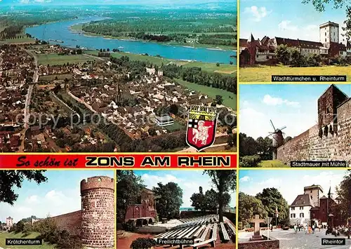 AK / Ansichtskarte Zons Fliegeraufnahme Wachttuermchen Rheinturm Stadtmauer mit Muehle Rheintor Kroetchenturm Freilichtbuehne Zons